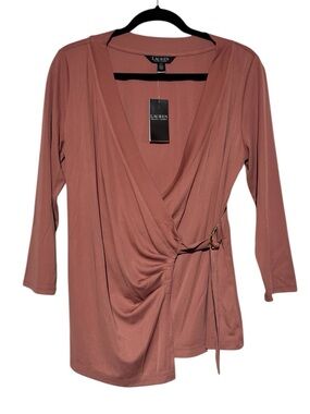 Ralph Lauren NWT Rose Pink Wrap Top Size L Slinky Stretch Equestrian‎ Classic